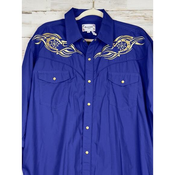 Ace of Diamond Shirt Mens XXL Blue Gold Pearl Snap Rockabilly Horseshoes USA - Picture 2 of 8